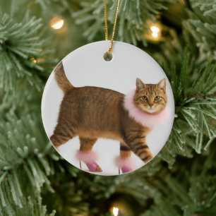 Stylish Cat in Pink Heels and Fluffy Glam Ceramic Tree Decoration