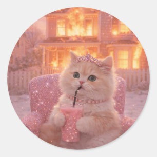 Stylish Cat in Pink Heels and Fluffy Glam Classic Round Sticker