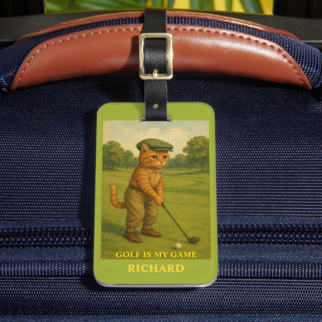 Stylish Cat Playing Golf Personalised  Luggage Tag (Front Insitu 2)