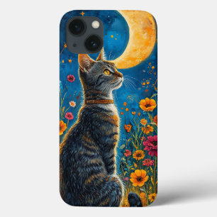 Stylish cat under moon magical night sky aesthetic iPhone 13 case