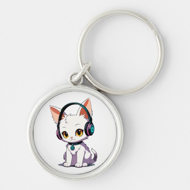 Stylish Cat Wearing Headphones Key Ring (Front)