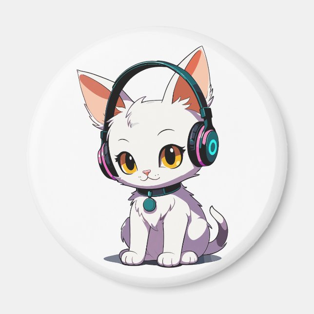Stylish Cat Wearing Headphones Magnet (Front)