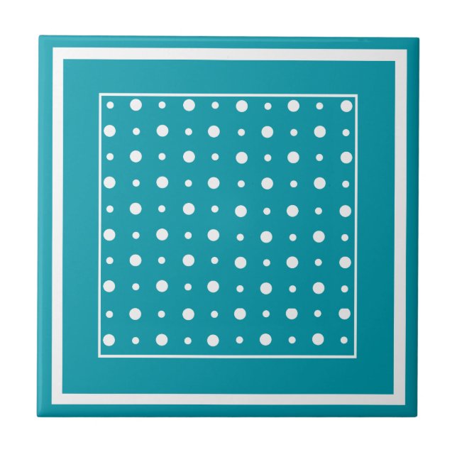 Stylish Ceramic Tile, White Polka Dots on Teal Tile (Front)