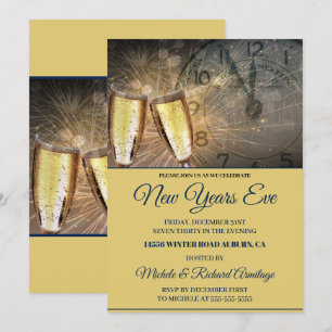 Stylish Champagne and Clock New Years Invitation