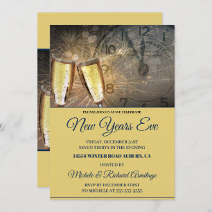 Stylish Champagne and Clock New Years Invitation