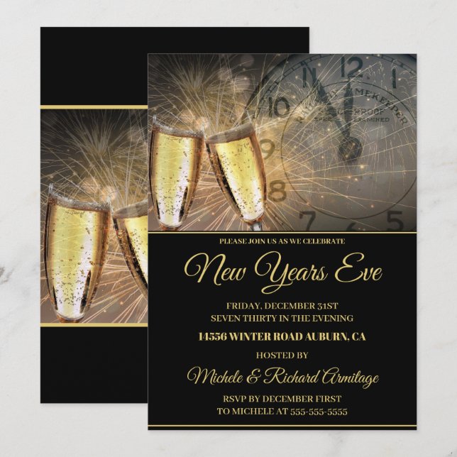 Stylish Champagne and Clock New Years Invitation (Front/Back)