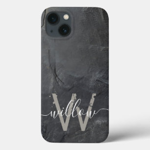 Stylish Charcoal Grey Stone Script Monogram iPhone 13 Case