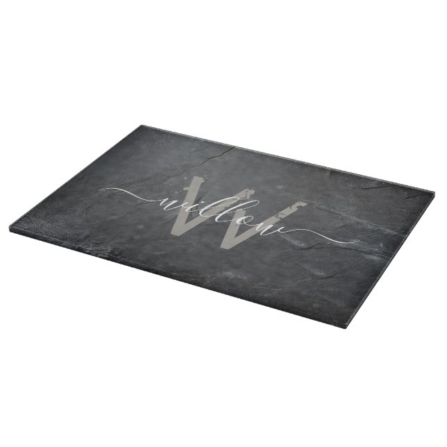 Stylish Charcoal Grey Stone Script Monogram Cutting Board (Corner)