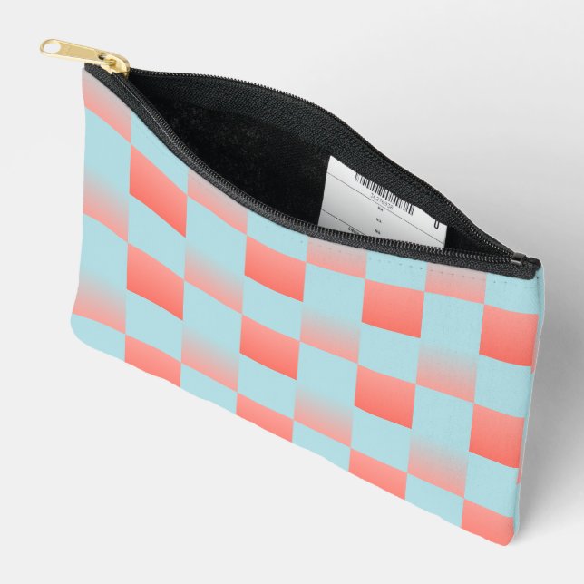 Stylish chequered gradient powder blue coral pink accessory pouch (Open)