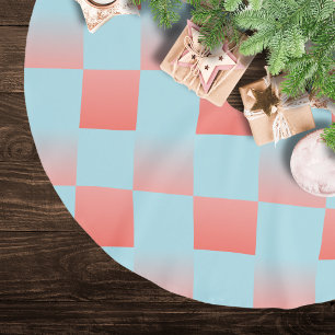 Stylish chequered gradient powder blue coral pink brushed polyester tree skirt