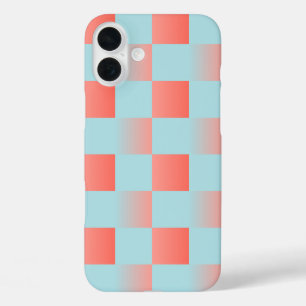 Stylish chequered gradient powder blue coral pink iPhone 16 plus case