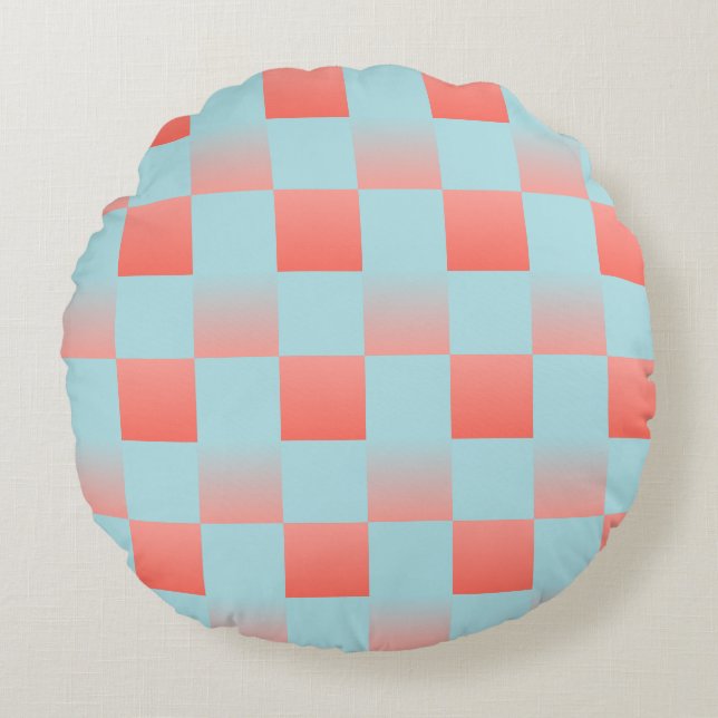 Stylish chequered gradient powder blue coral pink round cushion (Front)