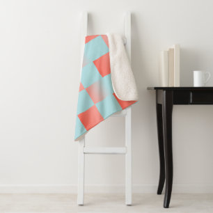 Stylish chequered gradient powder blue coral pink sherpa blanket