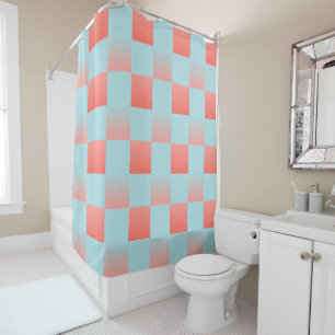 Stylish chequered gradient powder blue coral pink shower curtain