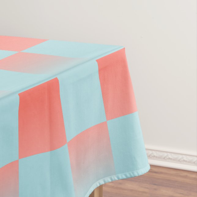 Stylish chequered gradient powder blue coral pink tablecloth (In Situ)