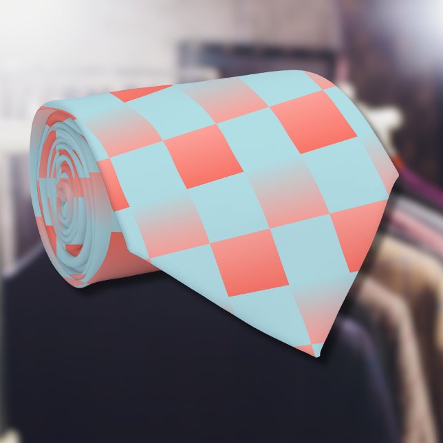 Stylish chequered gradient powder blue coral pink tie (Creator Uploaded)