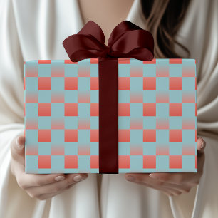Stylish chequered gradient powder blue coral pink wrapping paper