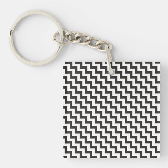 Stylish Chevrons Keychain, Black and White Zigzags Key Ring (Front)