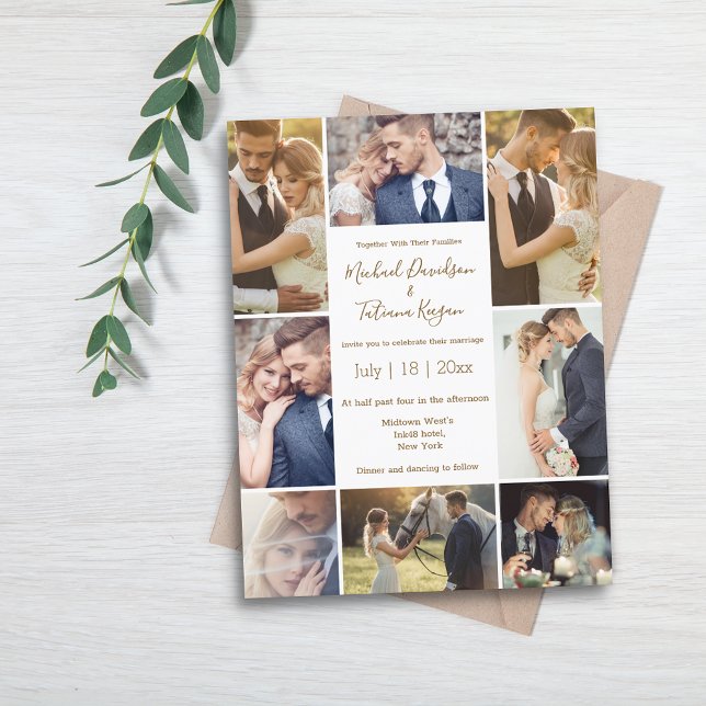 stylish chic 8 photos collage brown wedding  invitation (Creator Uploaded)