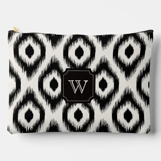 Stylish Chic Black Ivory Diamond Ikat Monogram Accessory Pouch (Front)