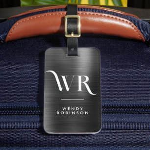 Stylish Chic Black Metal Two Monogram Initial Luggage Tag