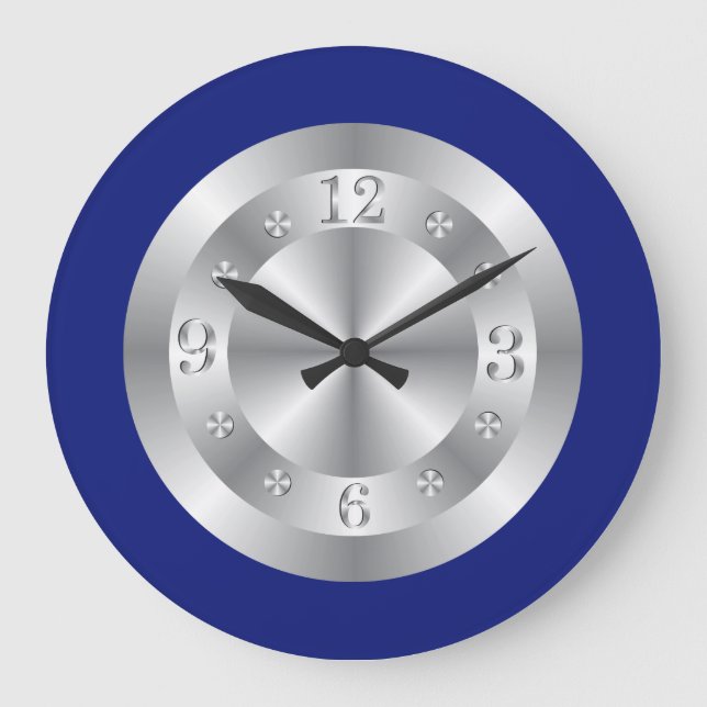 Stylish Chic Blue And Silver Grey Numbers Large Clock (Front)
