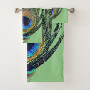 Stylish Chic Blue Sage Green Peacock Feather Bath Towel Set