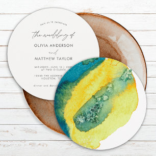 Stylish Chic Blue Yellow Watercolor Art Wedding Invitation