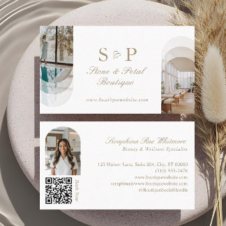 Stylish Chic Elegant Arch Photos Monogram QR Code Business Card