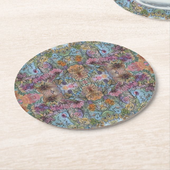 Stylish Chic Flower Garden Watercolor Painting  Round Paper Coaster (Angled)