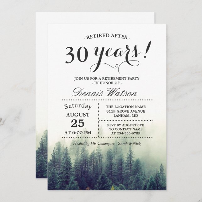 Stylish Chic Forest Pine Trees Retirement Party Invitation (Front/Back)
