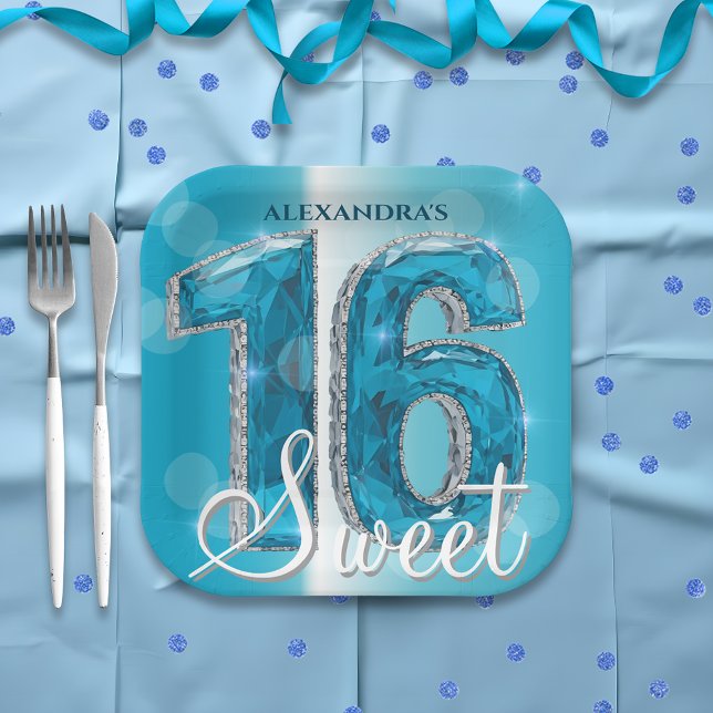 Stylish Chic Glam Blue Sapphire Gemstone Sweet 16 Paper Plate (Creator Uploaded)