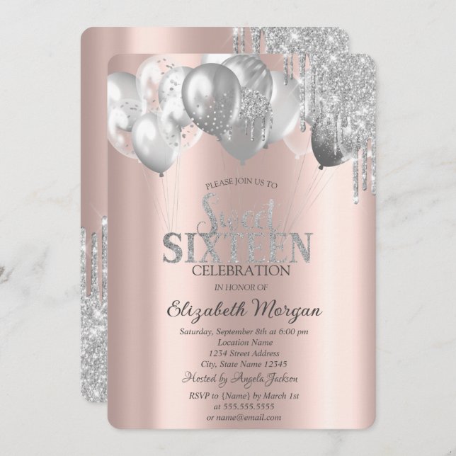 Stylish Chic Glitter Drips Balloons Invitation (Front/Back)
