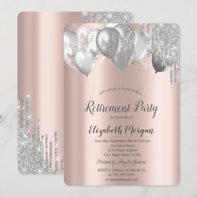Stylish Chic Glitter Drips Balloons Retirement  Invitation (Front/Back)