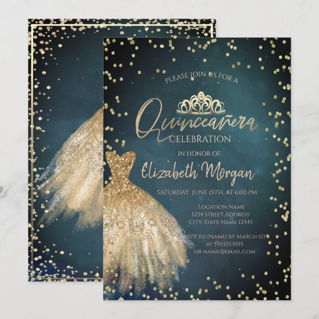 Stylish Chic Gold Dress Tiara,Diamonds Quinceañera Invitation (Front/Back)