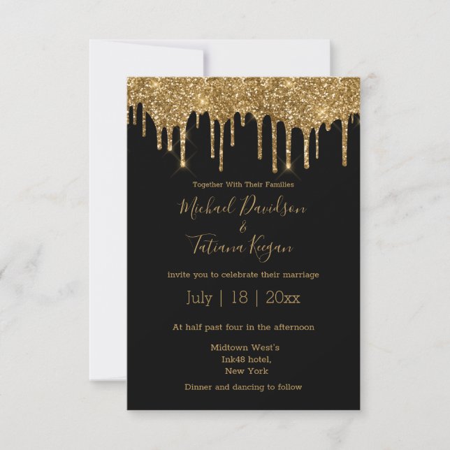 stylish chic gold dripping glitters black wedding  invitation (Front)