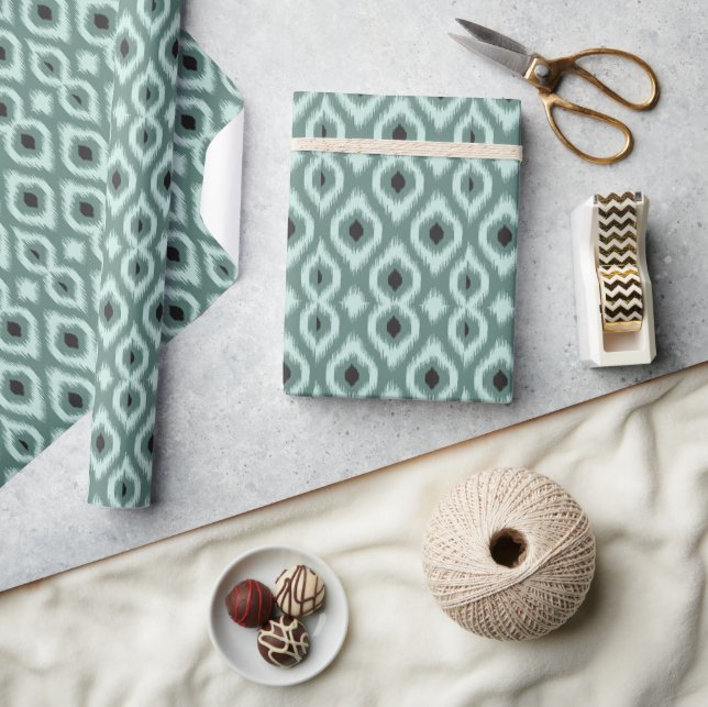Stylish Chic Mint Black Ivory Diamond Ikat Pattern Wrapping Paper (Crafts)