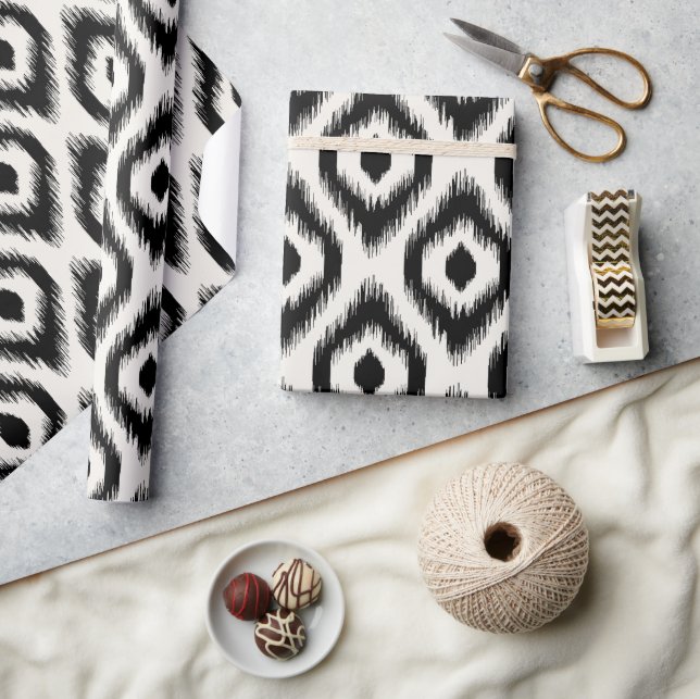 Stylish Chic Mod Black Ivory Diamond Ikat Pattern Wrapping Paper (Crafts)