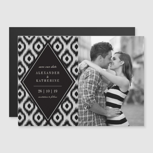Stylish Chic Mod Diamond Ikat Photo Save The Date Magnetic Invitation (Front/Back)