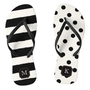 Stylish Chic Modern Black Dots & Stripes Monogram Jandals