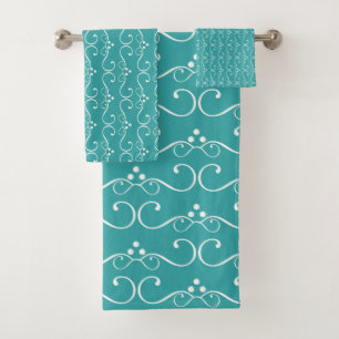 Stylish Chic Pattern White Teal Bath Towel Set