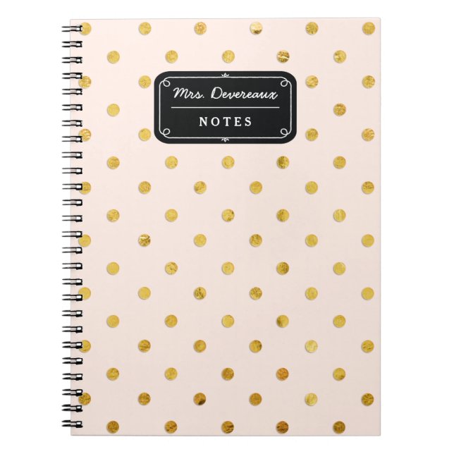 Stylish Chic Pink & Gold Polka Dots Personalised Spiral Notebook (Front)