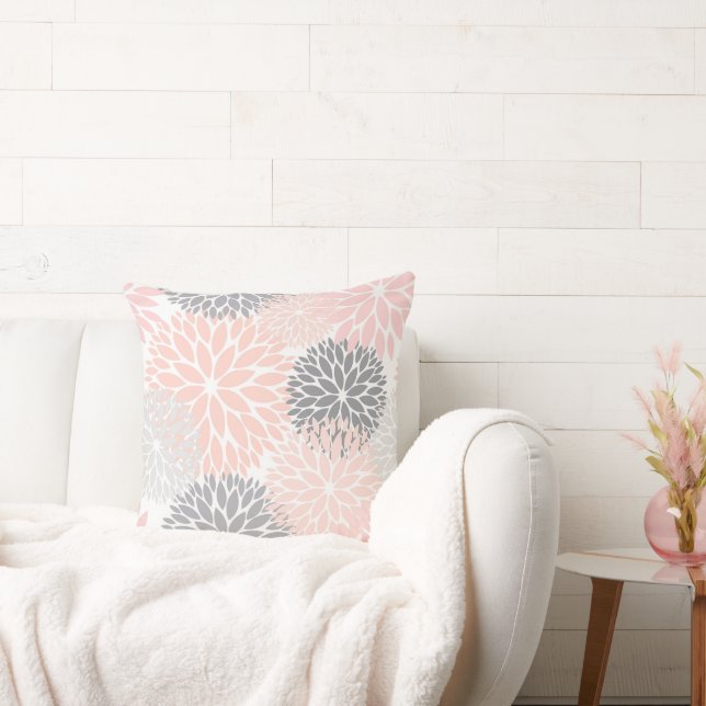 Stylish Chic Pink Grey Flowers Cushion (Couch)