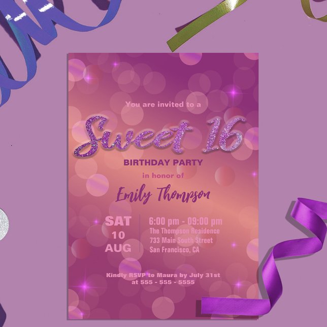 Stylish Chic Pink Purple Sparkling Lights Sweet 16 Invitation (Creator Uploaded)
