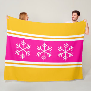 Stylish Chic Pink White Yellow Stripes Snowflakes Fleece Blanket