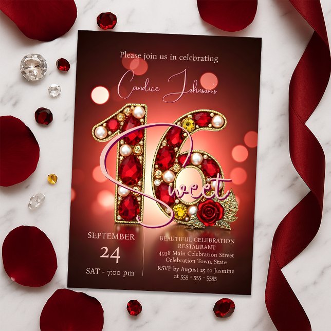 Stylish Chic Red Rose Gold Ruby Gemstone Sweet 16 Invitation (Creator Uploaded)
