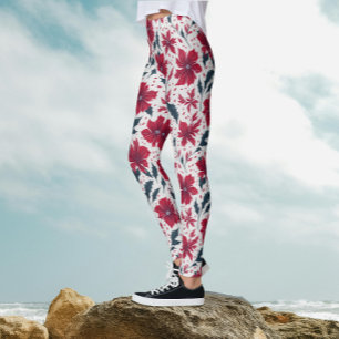 Stylish Chic Red White Poinsettia Floral Pattern Leggings