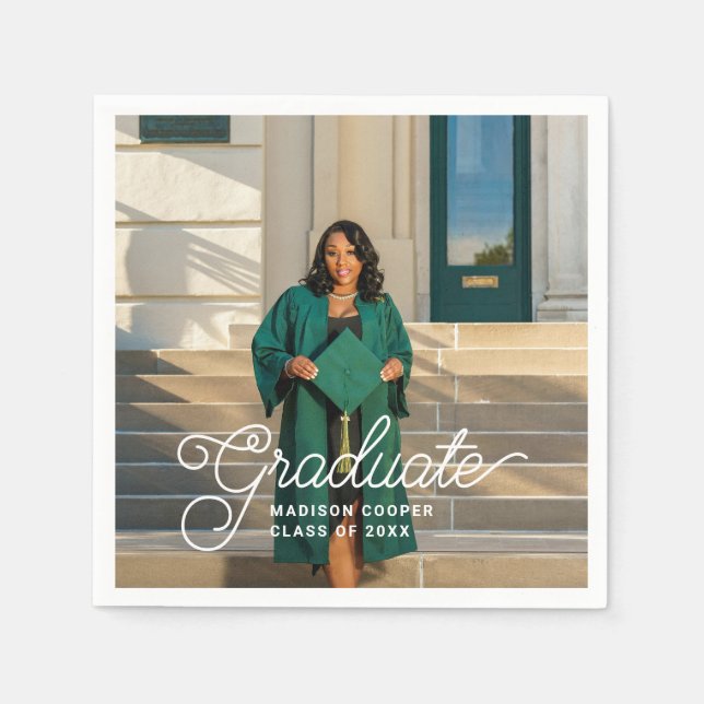 Stylish Chic Script Custom Photo Graduation Party Napkin (Front)