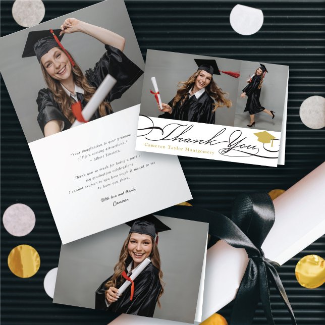 Stylish Chic Script Graduation Cap 2 Photo Grad Thank You Card (Stylish Chic Script Graduation Cap 2 Photo Grad Thank You Folded Card @ zazzle.com/color_therapy)