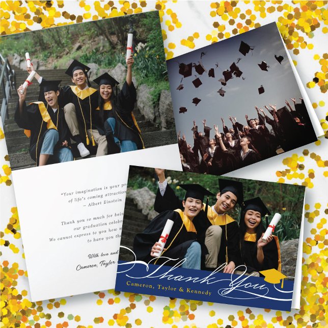 Stylish Chic Script Graduation Cap Photo Graduate Thank You Card (Stylish Chic Script Graduation Cap Photo Grad Thank You Folded Card @ zazzle.com/color_therapy)